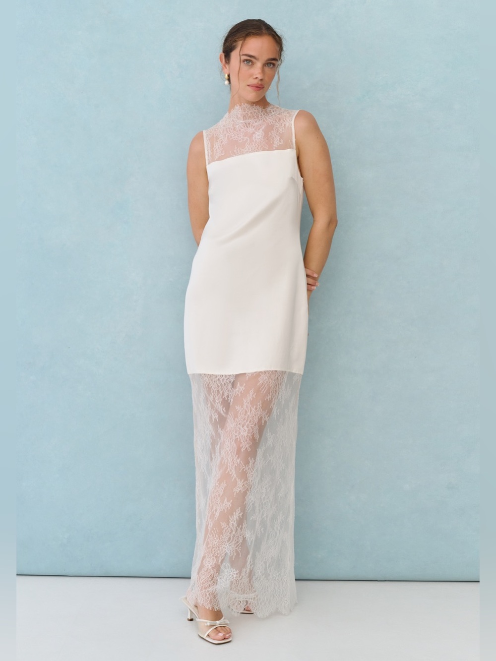 Lace-Overlay High Neck Wedding Dress - White
